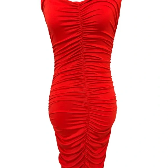 NEW Red Small Ruched Smal Body-con Midi Dress Scoop Neck Sleeveless‎ - Picture 4 of 7